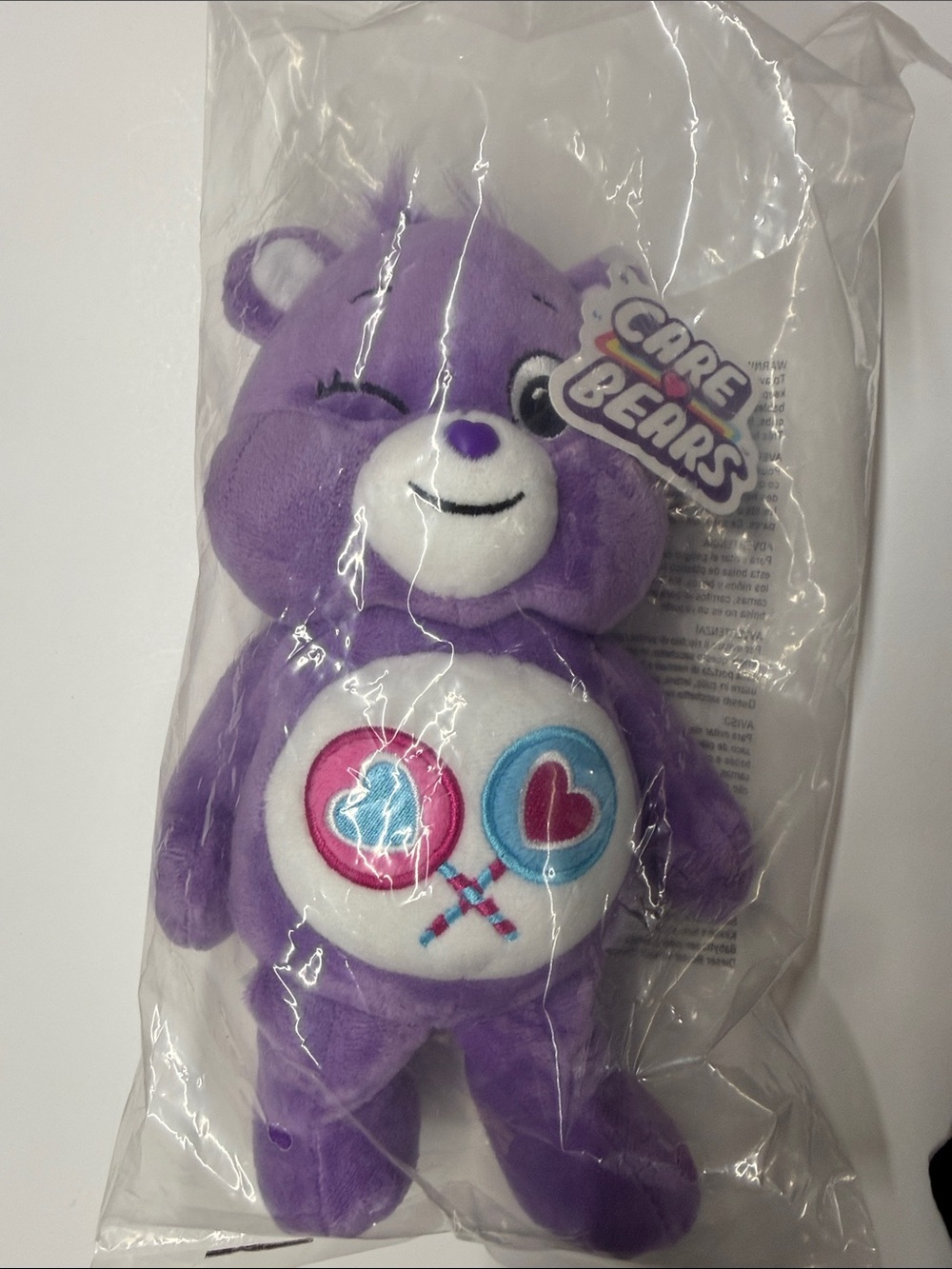 NEW Purple Care Bears Plush with Colorful Lollipop Belly Badge